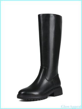 ZJA Women Faux Leather Knee High Platform Flat Boots Round Toe